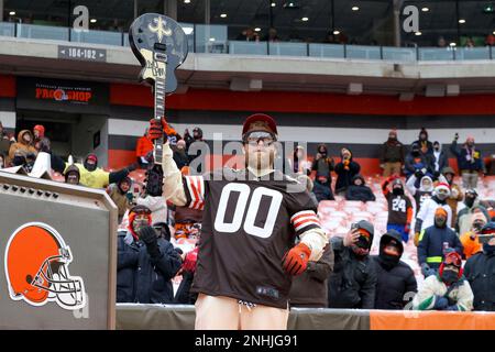 CLEVELAND, OH - DECEMBER 24: Dawg Pound Captain Jake Paul is introduced to  the fans prior to the National Football League game between the New Orleans  Saints and Cleveland Browns on December 24, 2022, at FirstEnergy Stadium in  Cleveland