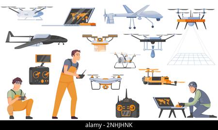 Drones icons set with unmanned aerial vehicles symbols flat isolated vector illustration Stock Vector