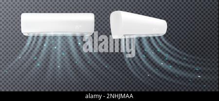 White air conditioner with flows of cold wind realistic set isolated on transparent background vector illustration Stock Vector
