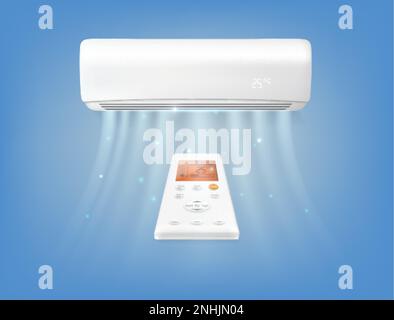 Air conditioner blowing cold air with remote realistic composition on blue background vector illustration Stock Vector