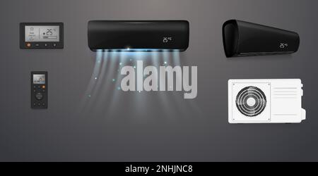 Black air conditioner ventilation system realistic set isolated on grey background vector illustration Stock Vector