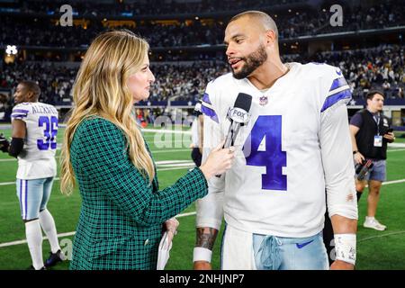 ARLINGTON, TX - NOVEMBER 24: Dallas Cowboys quarterback Dak Prescott (4)  does an interview with FOX Sports sideline reporter Erin Andrews after the  game between the Dallas Cowboys and the New York