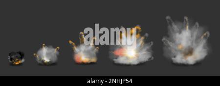 Realistic bomb explosion stages with fire smoke and sparkles isolated against dark background vector illustration Stock Vector