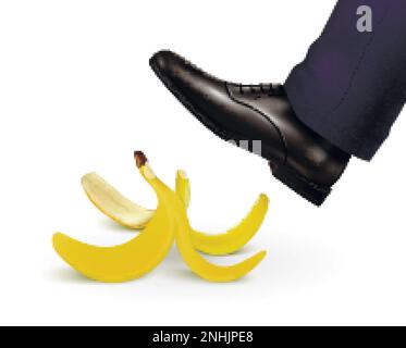 Male foot going to step on banana peel realistic composition on white background vector illustration Stock Vector