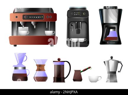 Coffee equipment flat gradient set with automatic machine jezve press moka pot cup isolated on white background vector illustration Stock Vector
