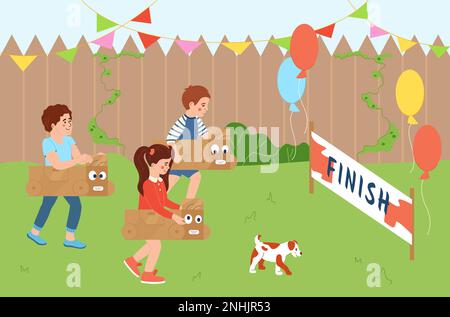 Kids playing racing cars made of cardboard boxes flat poster vector illustration Stock Vector