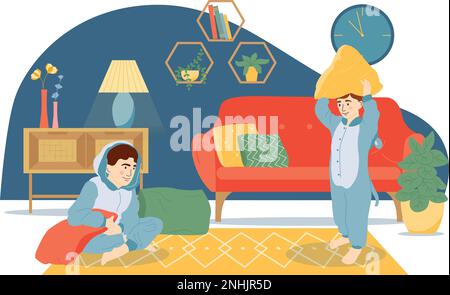 Pajama party flat concept with kids playing in pyjama jumpsuits vector illustration Stock Vector