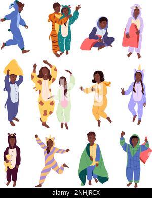Pyjama party flat icons set with kids in kigurumi and sleeping jumpjuits isolated vector illustration Stock Vector