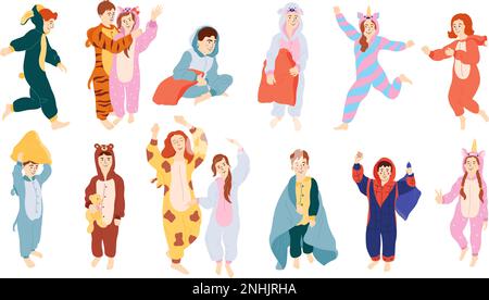Pyjama party flat icons set with happy kids in kigurumi isolated vector illustration Stock Vector