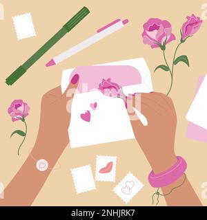 Love letter flat concept with human hands puting flowers into paper envelope vector illustration Stock Vector