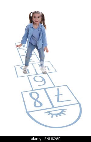 Cute little girl playing hopscotch on white background Stock Photo