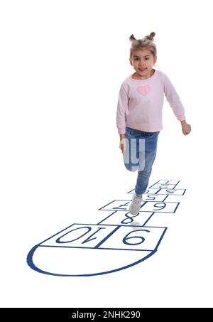 Cute little girl playing hopscotch on white background Stock Photo