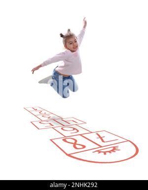 Cute little girl playing hopscotch on white background Stock Photo