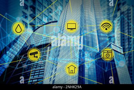 Different virtual icons and modern buildings on background. Smart city ...