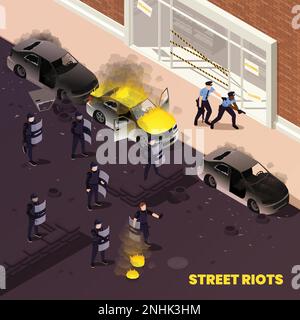 Street riots isometric background with burning cars and police officers in full tactical gear  suppressing aggression of protesting mob vector illustr Stock Vector