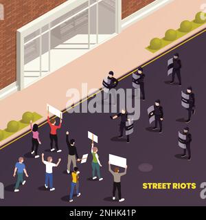 Street demonstration isometric composition with policemen in full tactical gear standing together in front of crowd of people with posters vector illu Stock Vector
