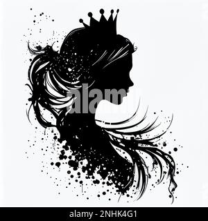 Silhouette of queen face or head side view, young woman bride or lady wear tiara or crown black vintage portrait. Elegant female character with hairdo Stock Photo