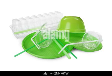 Pile of different plastic items on white background Stock Photo