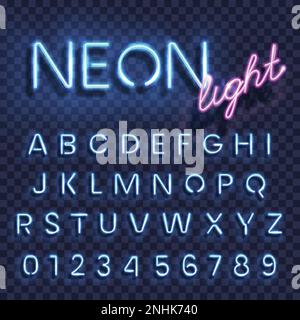 Neon light transparent background with realistic blue sparkling font for night advertising signboards vector illustration Stock Vector
