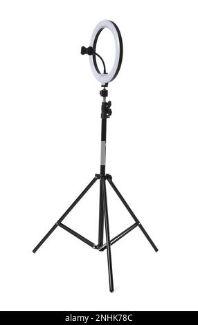 Modern tripod with ring light isolated on white Stock Photo