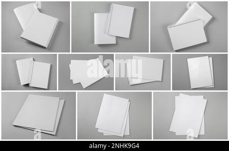 Open blank brochures on grey background, collage Stock Photo