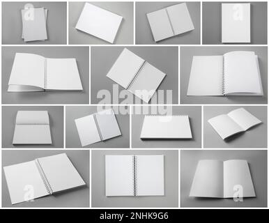 Open blank brochures on grey background, collage Stock Photo