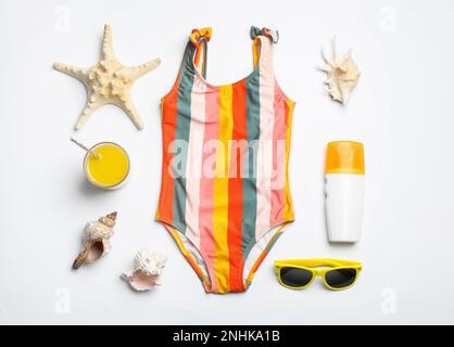 Flat lay composition with beach objects on white background Stock Photo