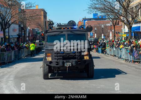 Armored Police Vehicle in Saint Patrick's Day Parade in Boston, Massachusetts MA, USA. Stock Photo