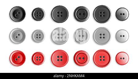 Realistic sewing button icon set buttons black gray and red in different styles and sizes color vector illustration Stock Vector