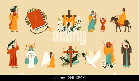 Easter holiday flat icons set with Bible scenes with Jesus Christ and angels isolated vector illustration Stock Vector