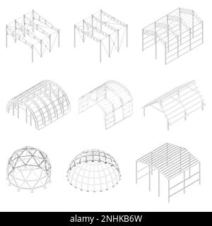 Metal constructions set with industrial buildings symbols isometric isolated vector illustration Stock Vector