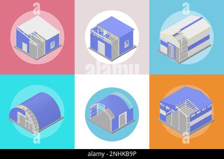 Metal constructions square set with industrial cityscape symbols isometric isolated vector illustration Stock Vector