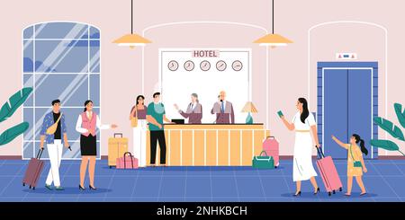 Hotel reception background with service and booking symbols flat vector illustration Stock Vector