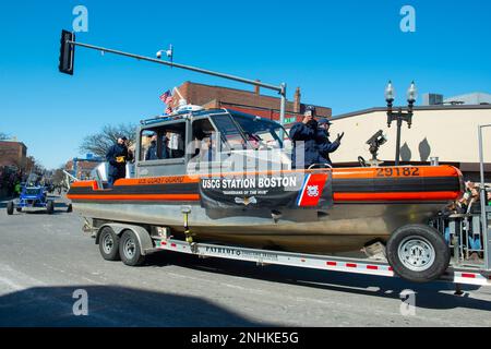 US Coast Guard boat on 2018 Saint Patrick's Day Parade in Boston, Massachusetts MA, USA. Stock Photo