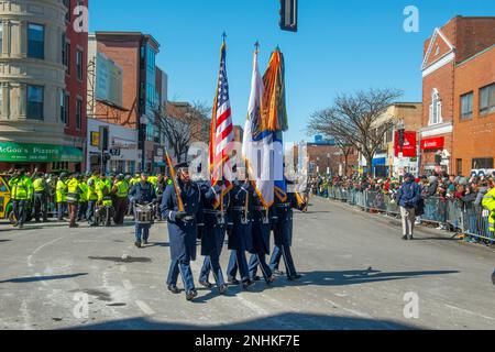 US Air Force Honor Guard March in Saint Patrick's Day Parade in Boston, Massachusetts MA, USA. Stock Photo