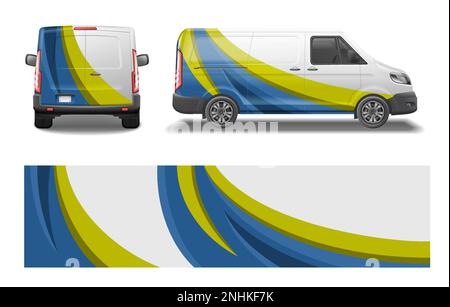 Car van mockup livery wrap design realistic set of side and back car views with artwork vector illustration Stock Vector