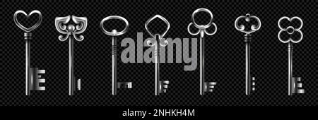 Realistic vintage silver keys icon set seven isolated keys in different shapes on transparent background vector illustration Stock Vector