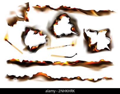Realistic burnt paper matches icon set smoldering and lit pieces of paper and burning matches vector illustration Stock Vector