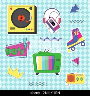 Card template with retro gadgets - record player, radio and TV, player with headphones and roller skates. Set of 90s stickers. Vector on a colored bac Stock Vector