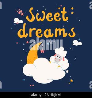 Sweet dreams postcard with cartoon moon and cute sheep vector illustration Stock Vector