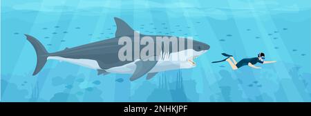 Sharks and diver flat composition with underwater view of floating shark following scuba diver human character vector illustration Stock Vector