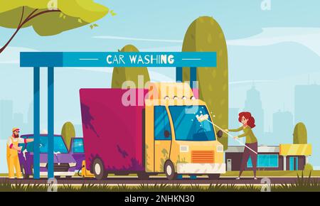 Car wash composition with woman cleaning dirty van cartoon vector illustration Stock Vector