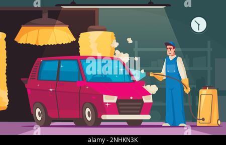 Car wash cartoon concept with serviceman holding water hose vector illustration Stock Vector