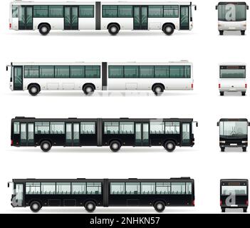 Bus mockup set with isolated realistic images of black and white colored buses with twin coach vector illustration Stock Vector