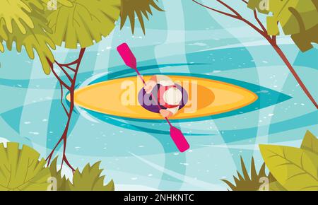 River rafting concept with top view of man in canoe cartoon vector illustration Stock Vector