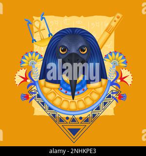 Thoth egyptian god composition with avatar image of ancient god with beak decorated with flowers ornaments vector illustration Stock Vector