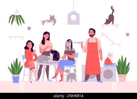 Cats cafe composition with indoor view of cats on shelves with restaurant table guests and waiter vector illustration Stock Vector