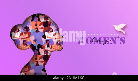 International women’s day greeting card template. 3D papercut female woman silhouette with diverse group of people of different religion and culture. Stock Vector