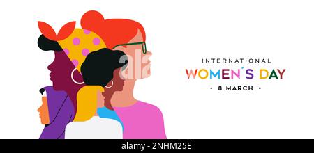 International women's day social media banner illustration with diverse people faces. Ethnic character team flat cartoon design for unity, community h Stock Vector