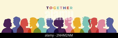 Together colorful quote illustration with diverse silhouette people faces in transparent color design. Ethnic character team flat cartoon for unity or Stock Vector